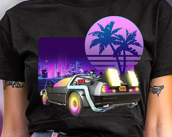Vaporwave DeLorean T-shirt, Back To The Future Graphic Apparel, Marty McFly Art, Doc Brown Birthday Party Gift, Retro 80s Movie Clothing