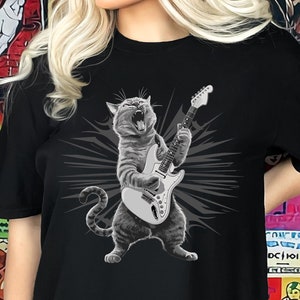 Electric Guitar Cat T-shirt, Rock and Roll Cat Graphic Apparel, Funny Cat Lover Clothing, Custom Cat Owner Birthday Party Gift, Musical Cat