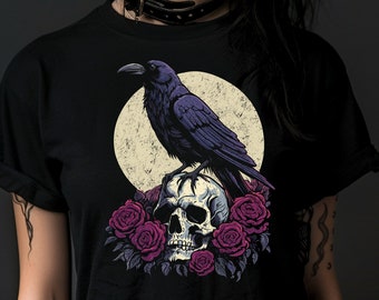 Crow, Moon & Skull T-shirt, Bird Lover Graphic Apparel, Raven Art, Spooky Halloween Party Gift, Dark Gothic Clothing, Macabre, Death, Grunge