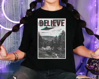 Believe UFO T-shirt, Flying Saucer Graphic Apparel, UFO Meme Clothing, Alien Lover Art, Outer Space Birthday Party Gift, Retro Glitch Art