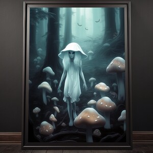 Alien Girl in a Mushroom Forest Poster Print, Alien Wall Art, Alien Lover Gift, Creepy Cute Art Poster, Mushroom Décor, Weird Art