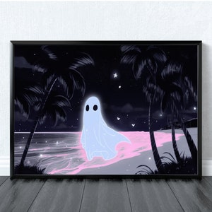 Beach Ghost Poster Print, Ghost Wall Art, Ghost Lover Gift, Ghost Themed Décor, Spooky Digital Art, Ghost Painting, Creepy Cute Ghost Art