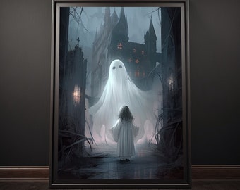 Ein Mädchen & ein Gespenst Posterdruck, süßes Gespenst Wandkunst, Gespenster Dekor, Geisterliebhaber Geschenk, gruselige Wandkunst, Halloween Vibes, Paranormal Geschenk