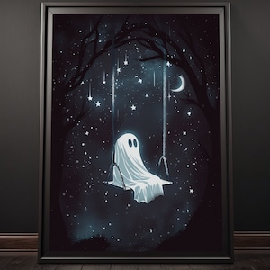 Ghost on a Swing Poster Print, Creepy Cute Wall Art, Cute Ghost Wall Art, Ghost Decor, Ghost Lover Gift, Spooky Wall Art, Halloween Vibes