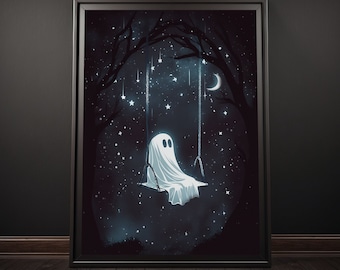 Gespenst auf Schaukel Posterdruck, gruselig niedliche Wandkunst, niedliche Geister-Wandkunst, Geister-Dekor, Geister-Liebhaber-Geschenk, gruselige Wandkunst, Halloween-Vibes