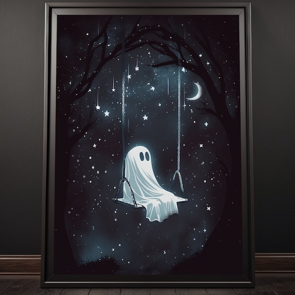 Ghost on a Swing Poster Print, Creepy Cute Wall Art, Cute Ghost Wall Art, Ghost Decor, Ghost Lover Gift, Spooky Wall Art, Halloween Vibes