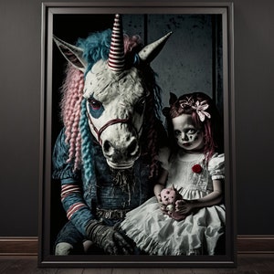 A Girl & Her Unicorn Poster, Creepy Cute, Horror Wall Art, Weirdcore Decor, Scary Art Print, Horror Decor, Dark Art Gift, Eccentric Art