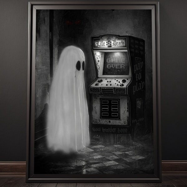 Arcade Ghost Poster Print, Ghost Wall Art, Ghost Lover Gift, Gothic Decor, Video Game Art, Retro Ghost Art, Gamer Art, Ghost Painting
