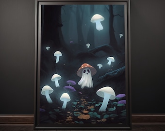 Gespenst & Pilze Wald Poster, Gespenster Poster, Gespenster Wandkunst, Gespenster Liebhaber Geschenk, Gruselige süße Gespenster Kunst, Halloween Vibes, Spooky Art Poster