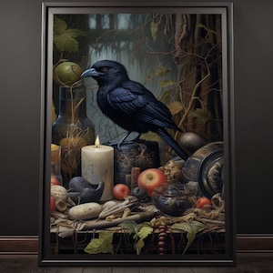 Crow Poster Print, Crow Wall Art, Crow Lover Gift, Cottagecore, Bird Art, Raven Art Print, Raven Crow Decor, Witchy Garden Art