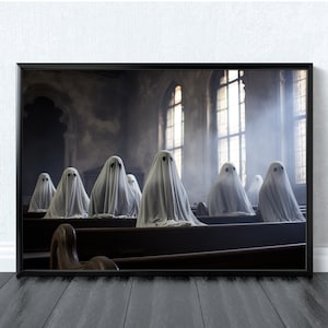 Ghosts in the Pews Poster, Ghost Wall Art, Ghost Print, Ghost Wall Decor, Spooky Print, Halloween Art, Creepy Wall Art, Paranormal, Gothic