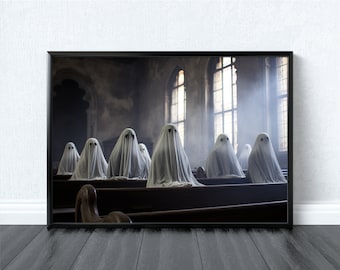Ghosts in the Pews Poster, Ghost Wall Art, Ghost Print, Ghost Wall Decor, Spooky Print, Halloween Art, Creepy Wall Art, Paranormal, Gothic