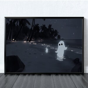 Strand Gespenster Poster Druck, Gespenster Wandkunst, Gespenst Liebhaber Geschenk, Gespenst Themen Dekor, Spooky Digital Art, Gespenster Malerei, Gruselige Niedliche Gespenster Kunst