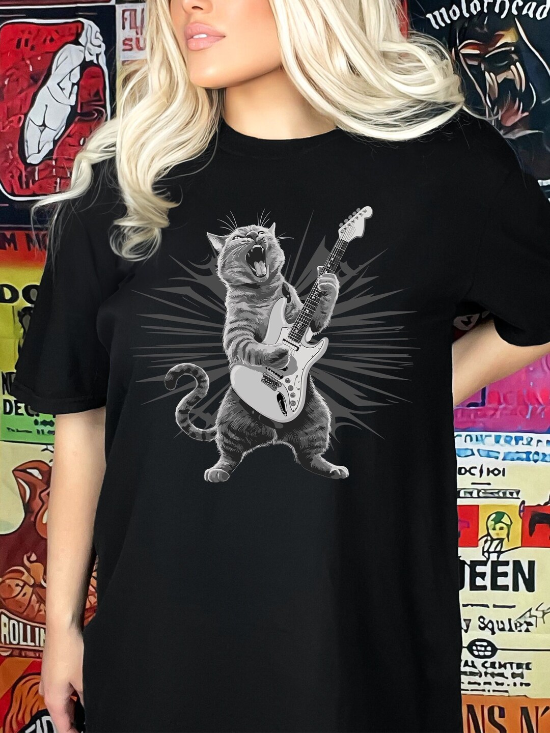 Electric Guitar Cat T-shirt, Rock and Roll Cat Graphic Apparel, Funny ...