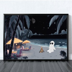 Beach Ghost Poster Print, Ghost Wall Art, Ghost Lover Gift, Ghost Themed Décor, Spooky Digital Art, Ghost Painting, Creepy Cute Ghost Art