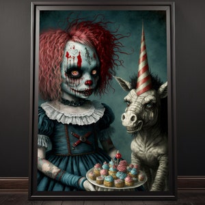 Spooky Clown & Unicorn Poster, Horror Wall Art, Clowncore, Weirdcore Home Decor, Scary Art Print, Horror Decor, Dark Art Gift, Eccentric Art