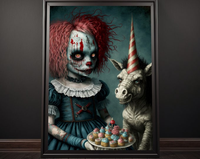 Spooky Clown & Unicorn Poster, Horror Wall Art, Clowncore, Weirdcore Home Decor, Scary Art Print, Horror Decor, Dark Art Gift, Eccentric Art