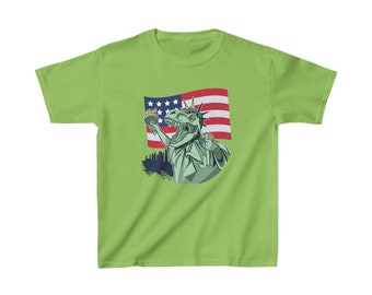 Kids Heavy Cotton Tee 4th of July Dinosaur kid's shirt Funny Statue of Liberty