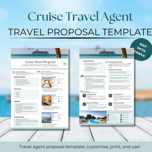 Puede incluir: Una plantilla de propuesta de viaje con el texto "Cruise Travel Agent" y "Travel Proposal Template". La plantilla incluye secciones para itinerario, opciones de habitación y costos. También son visibles las palabras "Edit with Canva".