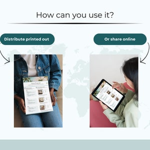 May include: A person holding a printed travel proposal document. The document has a title "Travel Proposal" and includes a list of travel options. The person is wearing a blue denim jacket and jeans. The image shows two ways to share a travel proposal: printed or online.