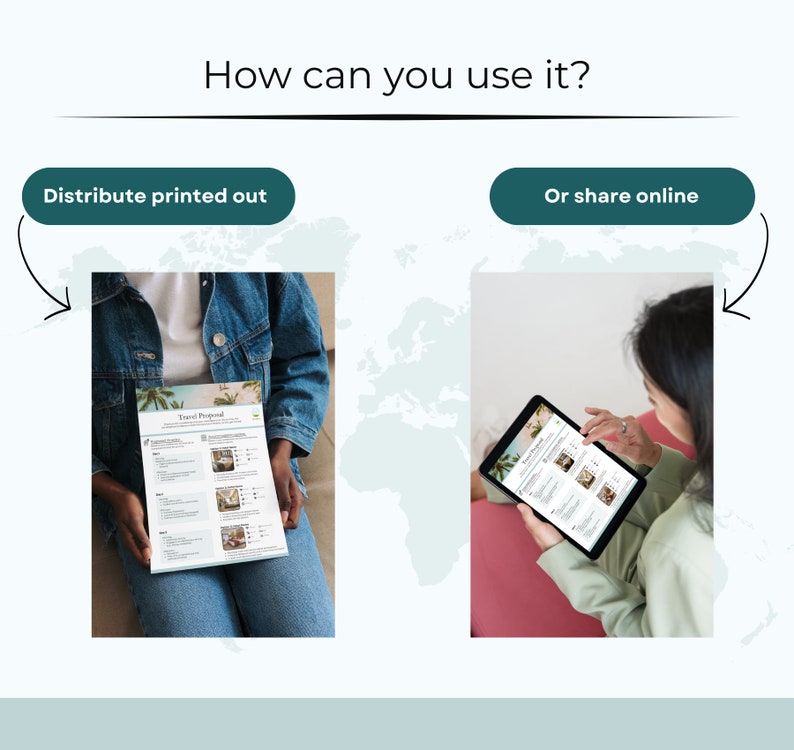 May include: A person holding a printed travel proposal document. The document has a title "Travel Proposal" and includes a list of travel options. The person is wearing a blue denim jacket and jeans. The image shows two ways to share a travel proposal: printed or online.