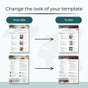 May include: Two travel proposal templates, one with a tropical beach background and the other with a rocky coastline background. Both templates include sections for travel details, costs and inclusions, booking information, and trip insurance.