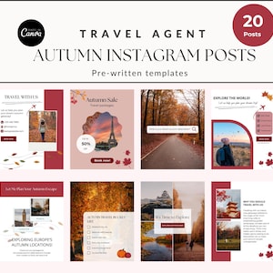 May include: A promotional graphic for a travel agent, featuring autumn-themed Instagram post templates. The design includes images of fall foliage, travel destinations, and text such as "Autumn Instagram Posts" and "Explore the World!"