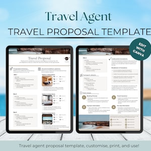 May include: A digital tablet mockup displaying a travel proposal template. The template includes sections for a proposed itinerary, accommodation options, transport details, costs and inclusions, and next steps. The template is designed to help travel agents create personalized travel proposals for their clients.