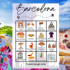 Cartas de caça ao tesouro para viagens pela cidade de Barcelona, 3 variações. Jogos de viagem. Jogo de viagem em família. Jogo Barcelona. Bingo de viagem.