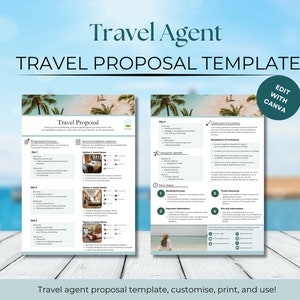 May include: A travel agent proposal template with a green and white color scheme. The template includes sections for a proposed itinerary, accommodation options, transport details, costs and inclusions, and next steps. The template is editable with Canva.