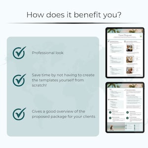 May include: A digital travel proposal template with a green checkmark and the text "Travel Proposal". The template includes sections for itinerary, accommodation options, transportation details, and booking process.