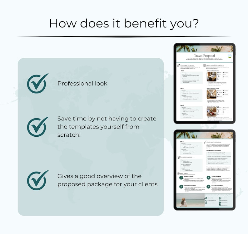 May include: A digital travel proposal template with a green checkmark and the text "Travel Proposal". The template includes sections for itinerary, accommodation options, transportation details, and booking process.