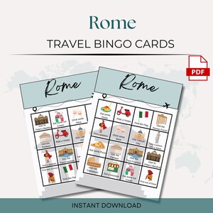 May include: Two printable bingo cards with a blue and white background featuring images of popular landmarks and activities in Rome, Italy. The cards include images of the Colosseum, Trevi Fountain, St. Peter's Basilica, the Vatican City, and the Roman Forum. The text "Rome" is at the top of each card.