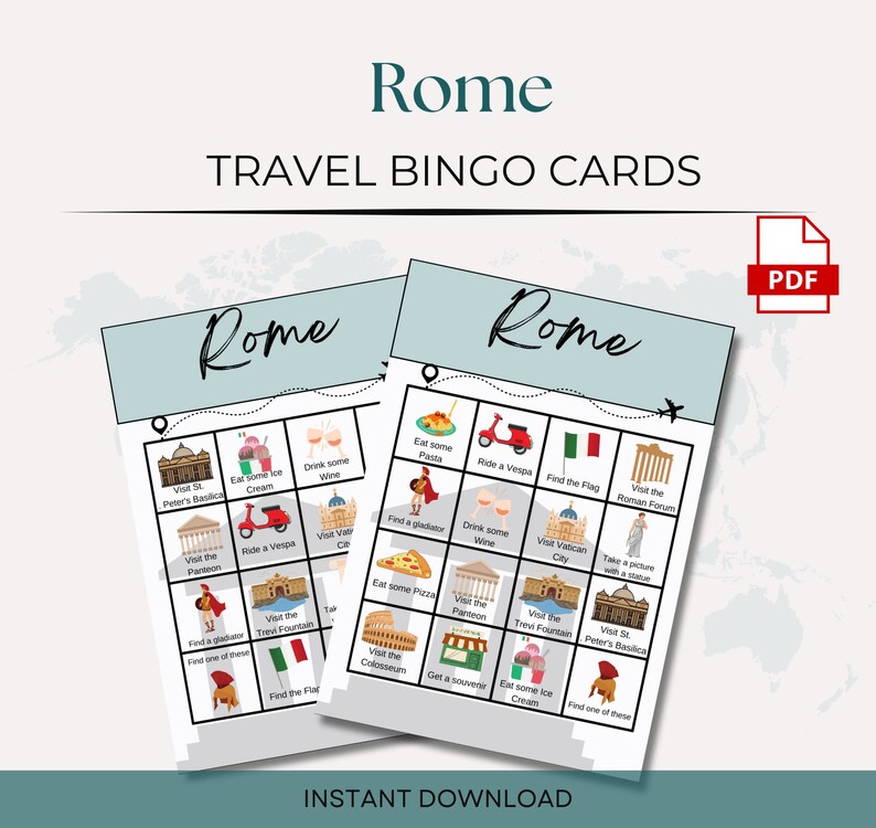 May include: Two printable bingo cards with a blue and white background featuring images of popular landmarks and activities in Rome, Italy. The cards include images of the Colosseum, Trevi Fountain, St. Peter's Basilica, the Vatican City, and the Roman Forum. The text "Rome" is at the top of each card.