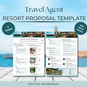 Pode incluir: Um modelo de proposta de viagem para resort imprimível em duas páginas. O modelo inclui seções para o itinerário proposto, opções de quartos, detalhes de transporte, custos e inclusões, e as próximas etapas. O modelo foi projetado para ser editado e impresso para uso por agentes de viagens.