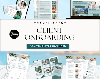 May include: A set of 10+ customizable templates for travel agents to use for client onboarding. The templates include a travel quote, brochure, and proposal. The templates are designed in a green and white color scheme with palm trees and a beach background.