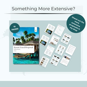 May include: A 16-page resort travel proposal template with a tropical island scene on the cover. The template includes sections for client information, dates, and a detailed itinerary. The text "Check out the more extensive proposals in my shop" is also included.