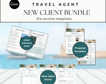 May include: A digital marketing kit for travel agents, featuring pre-written templates for client welcome books, proposals, and forms. The kit includes a client welcome book, a travel proposal template, a travel quote form, a booking information form, and a client intake form. The kit is designed to help travel agents streamline their business and provide a professional experience for their clients.