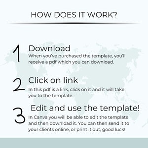 May include: A three-step guide on how to use a template. The steps are: 1. Download, 2. Click on link, 3. Edit and use the template. The guide is illustrated with a world map background.