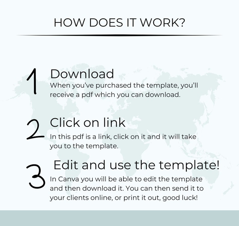 May include: A three-step guide on how to use a template. The steps are: 1. Download, 2. Click on link, 3. Edit and use the template. The guide is illustrated with a world map background.