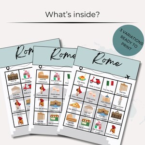 May include: Three variations of a bingo card with the title "Rome" and images of popular tourist attractions in Rome, Italy. The bingo card squares include images of the Colosseum, the Trevi Fountain, the Pantheon, St. Peter's Basilica, the Roman Forum, and more.
