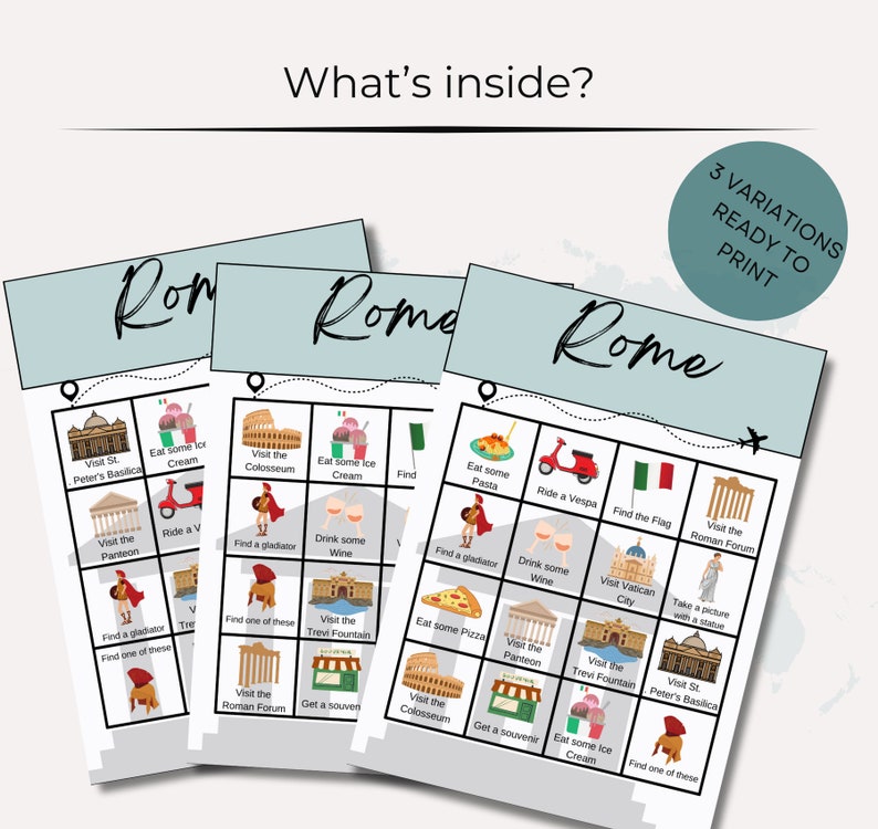 May include: Three variations of a bingo card with the title "Rome" and images of popular tourist attractions in Rome, Italy. The bingo card squares include images of the Colosseum, the Trevi Fountain, the Pantheon, St. Peter's Basilica, the Roman Forum, and more.