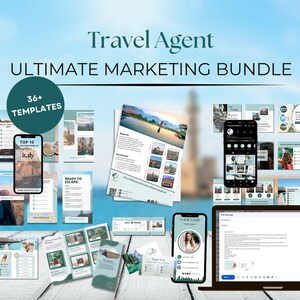 May include: A digital marketing bundle for travel agents with 36+ templates. The bundle includes social media posts, email templates, brochures, and more. The templates feature a green and blue color scheme with images of travel destinations.