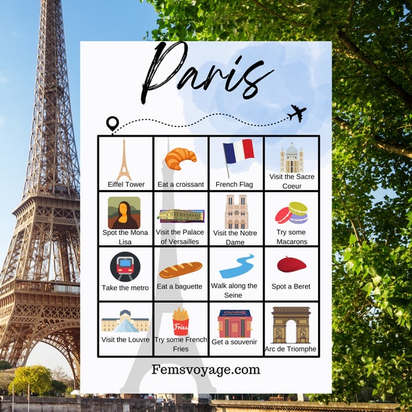City travel Bingo cards Paris, 3 variations. Paris Bingo. Travel games. Paris game. Travel bingo. Family travel game. Travel bingo cards.