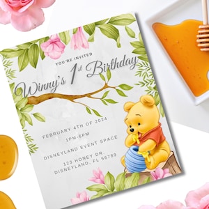 Winnie the Pooh inspired Birthday Invitation, Baby Winnie the Pooh First Birthday Digital Download, Editable to your event