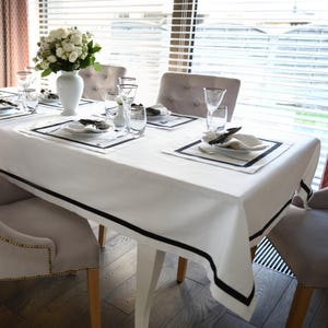 Elegant White Cotton Tablecloth with Black Piping | Classic Dining Decor | Sophisticated Cotton Linen | Artisan Handmade in Poland