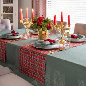 Royal Green Linen Tablecloth with Elegant Green Border | Minimalist Modern Table Linen | Perfect for Christmas | Made in Poland