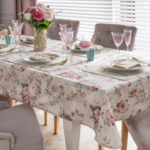 Tablecloth, Roses Tablecloth, 100% cotton, Beige Color, Pink Color, Floral Pattern, Rectangle, Handmade, Dining, Elegant Decor, Gift for Her
