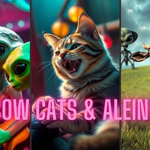 May include: A vibrant triptych featuring whimsical scenes. The first panel shows green aliens with microphones, the second a cat with an open mouth, and the third aliens with a cow and a cat. The text "COW CATS & ALEINS" is across the image.