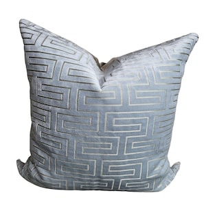 Greek key pattern cut-velvet pillow cover powder blue, luxury pillows, luxury pillow covers